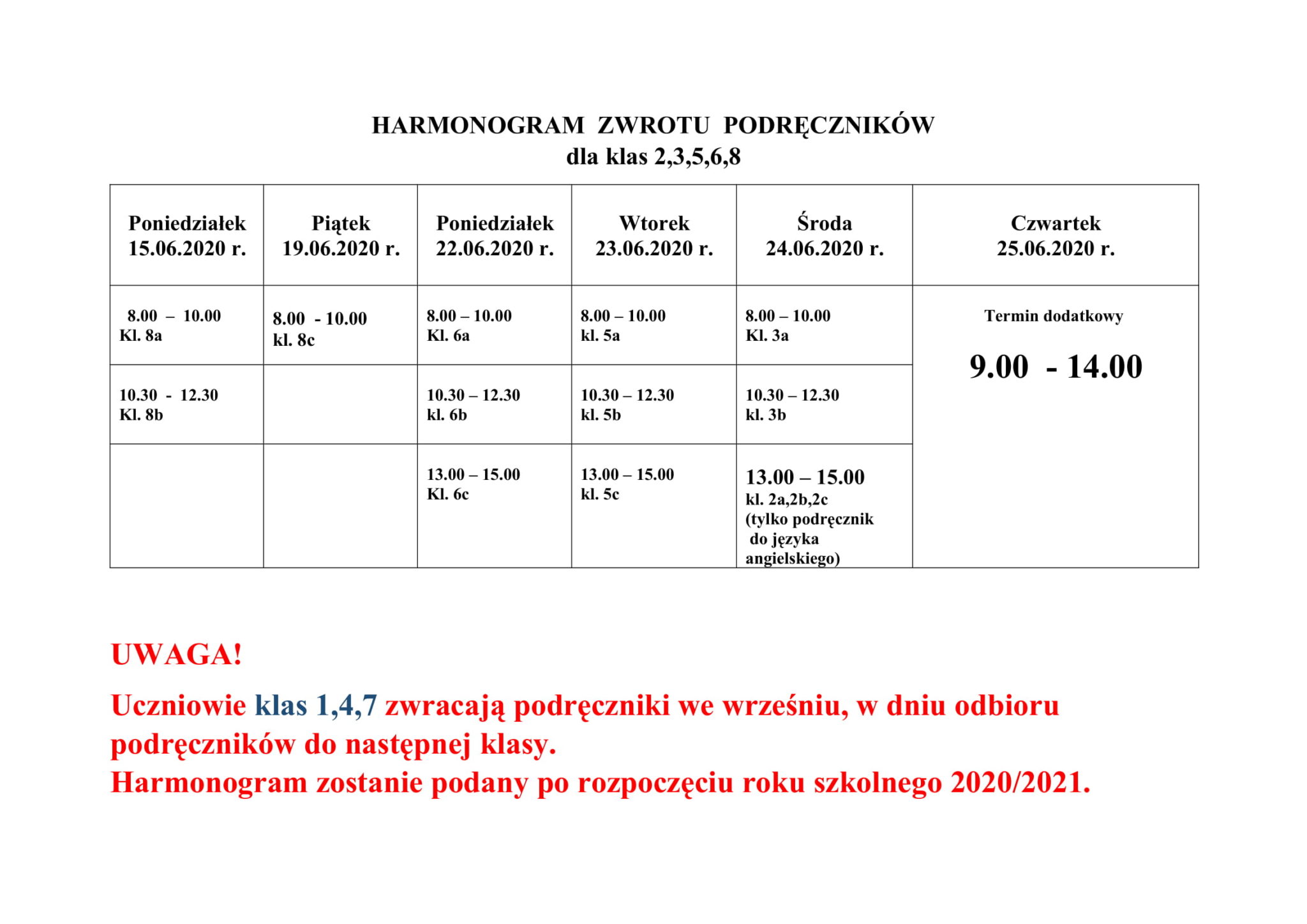 Harmonogram Zwrotu Podr Cznik W Dla Klas Publiczna Szko A